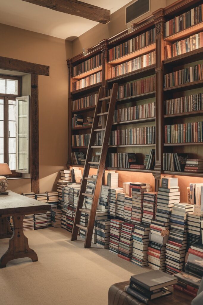 Cozy library Room Ideas: Rustic Charm with Wooden Shelves and Warm Lighting