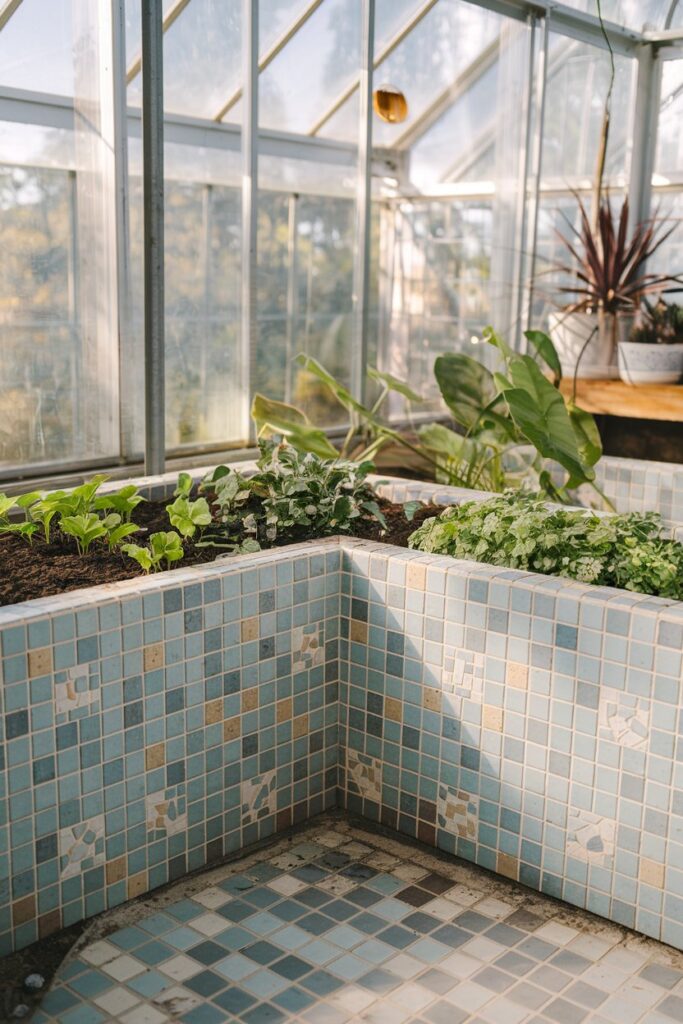 Greenhouse Interior Ideas: Mosaic-Tiled Planter Corners for Decor