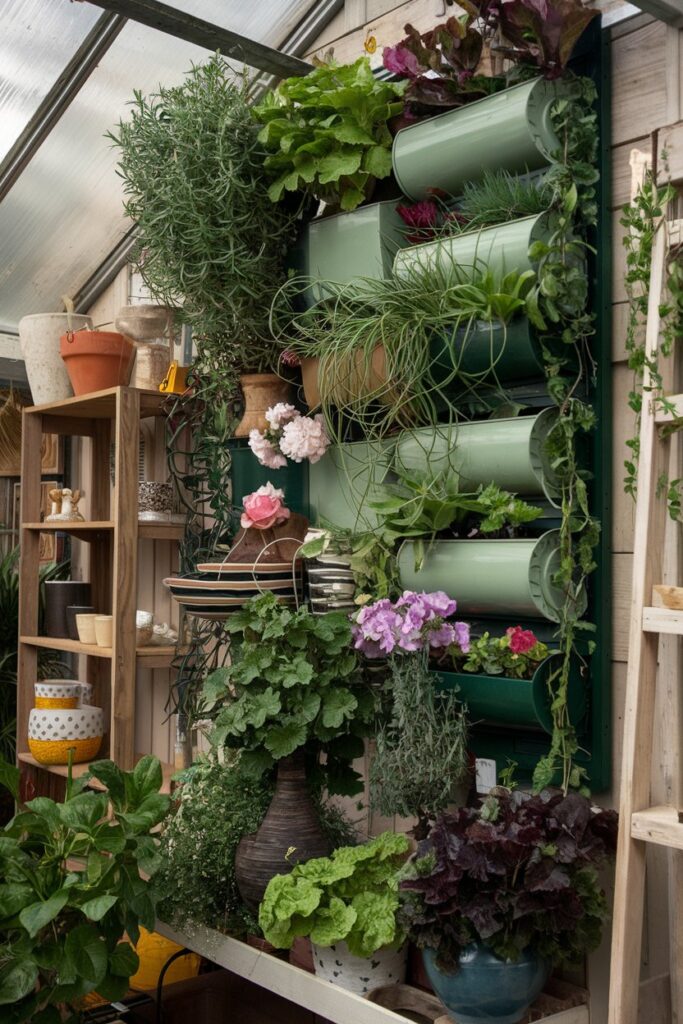 Greenhouse Interior Ideas: Vertical Gardening Wall for Creative Display