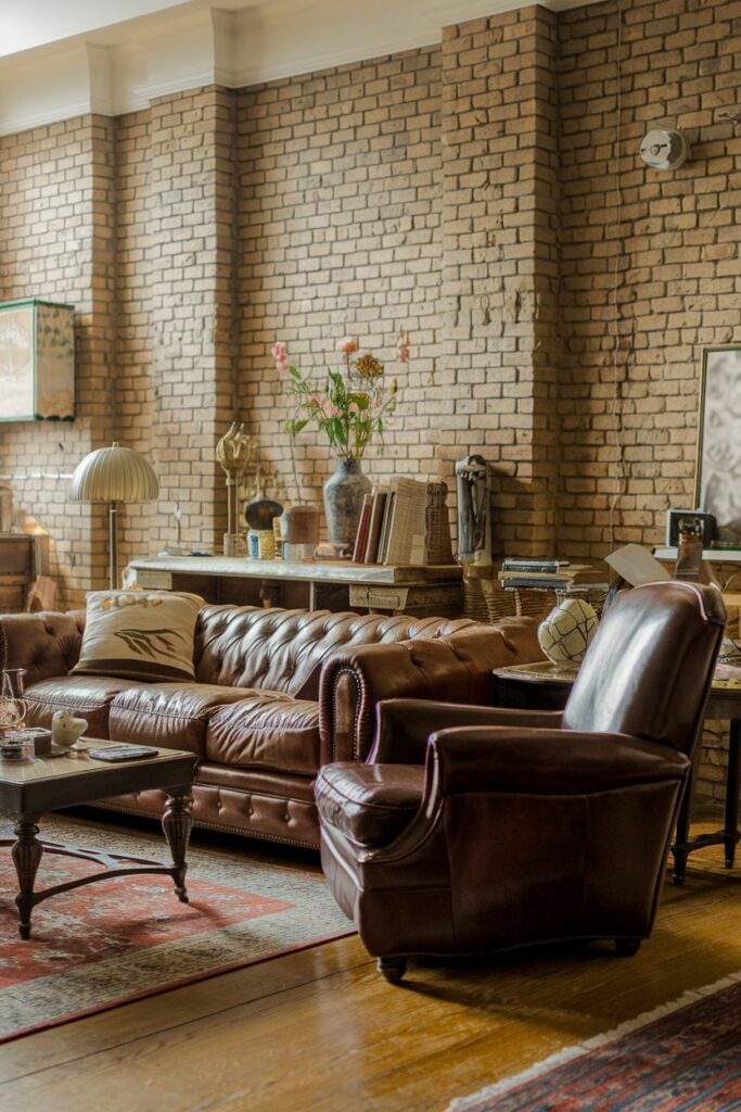 Cozy Traditional Living Room Ideas: Warm Brick Walls with Comfortable Seating