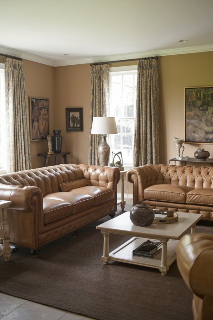 Cozy Traditional Living Room Ideas: Classic Leather Sofas with Timeless Elegance