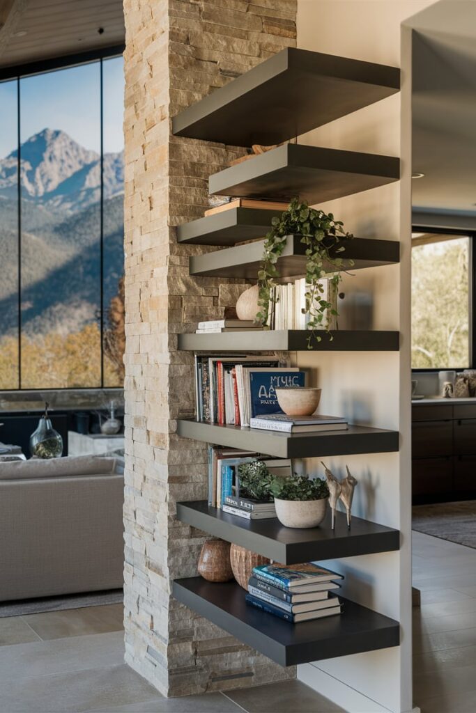 Mountain Modern Home Interior Ideas: Floating Shelves for Stylish Storage