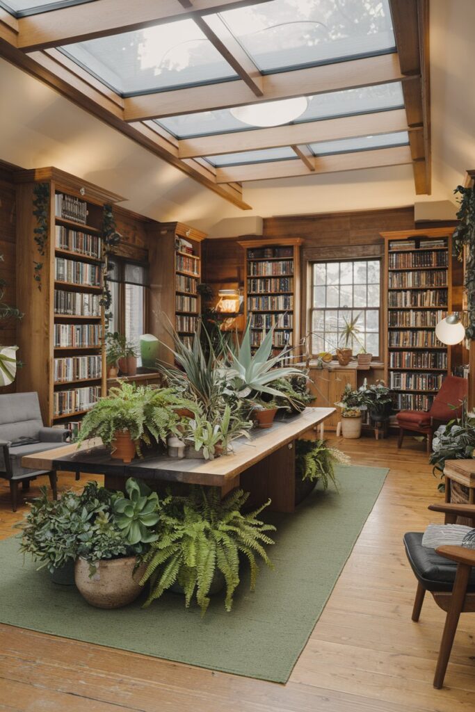 Cozy library Room Ideas: Nature-Inspired Room with Greenery and Natural Materials