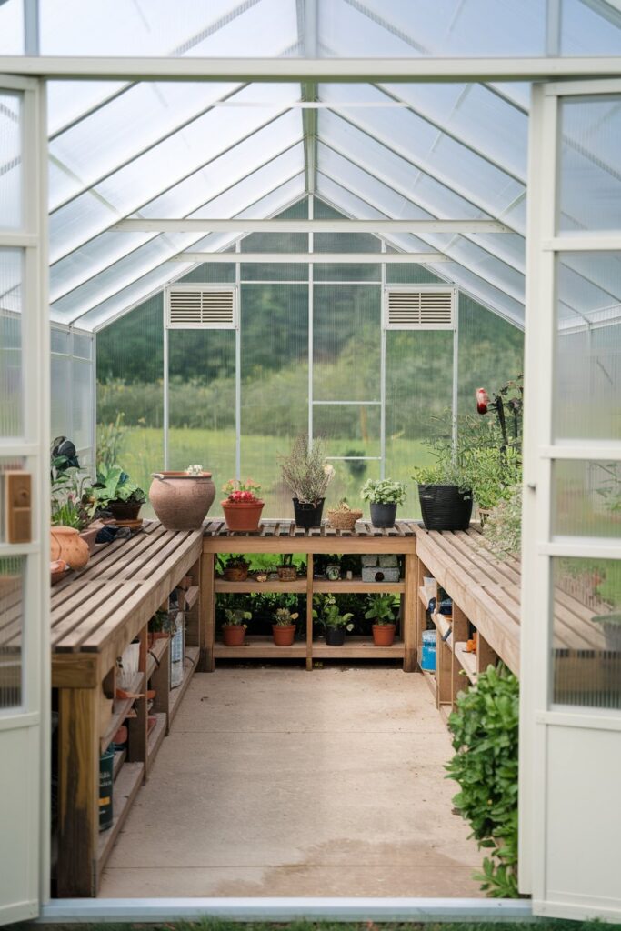 Greenhouse Interior Ideas: Greenhouse Benches with Built-In Storage