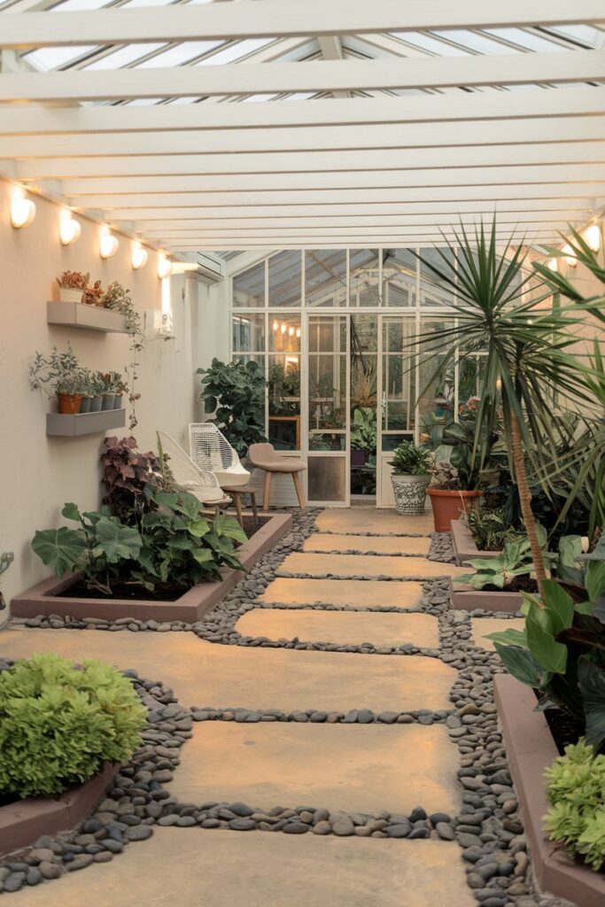 Greenhouse Interior Ideas: Indoor Garden Pathways with Pebble Accents