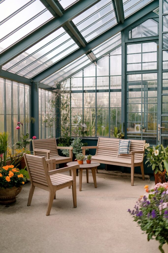 Greenhouse Interior Ideas: Integrated Seating Area for Relaxation and Enjoyment