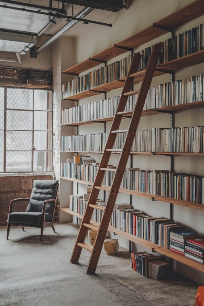 Cozy library Room Ideas: Loft-Style Space with Industrial Elements and Open Shelving