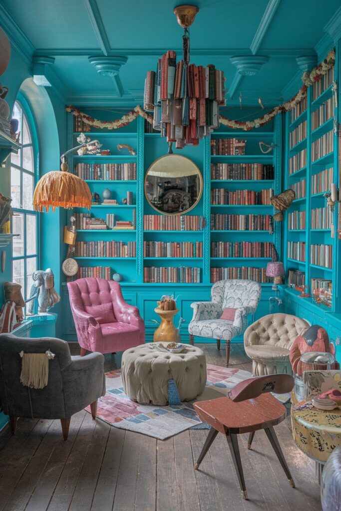 Cozy library Room Ideas: Whimsical Wonderland with Bold Colors and Unique Decor