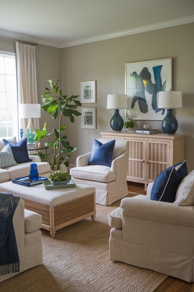 Cozy Traditional Living Room Ideas: Neutral Color Palette with Pops of Blue