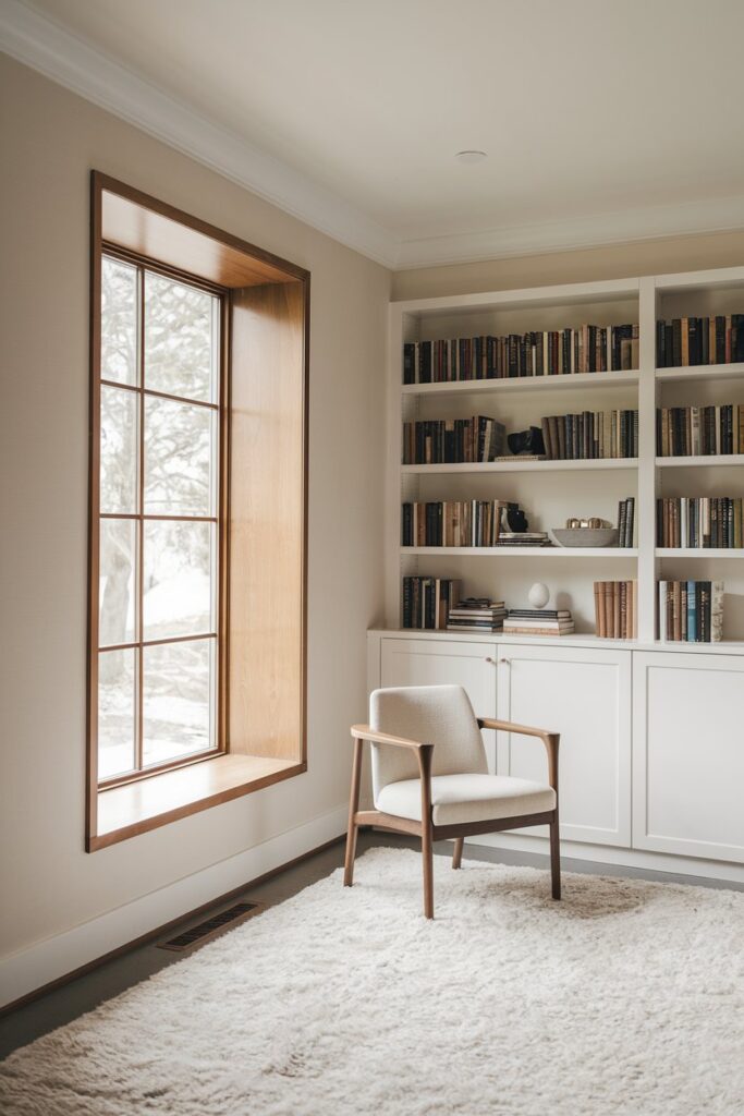 Cozy library Room Ideas: Minimalist Haven with Neutral Tones and Clean Lines