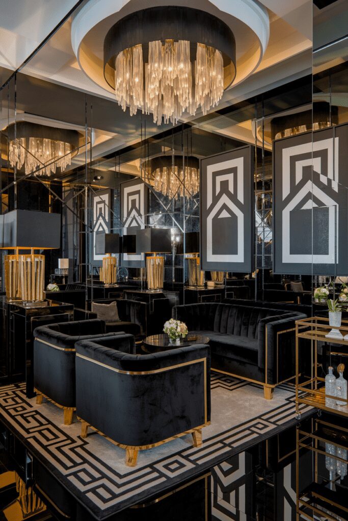 20+ Stunning Black Room Ideas You Need to Try Now! 24 Black Room Ideas: Black Art Deco-Inspired Lounge with Mirrors