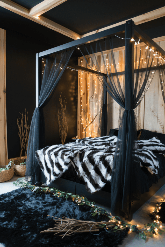 Black Room Ideas: Black Forest-Themed Bedroom with Wood Accents