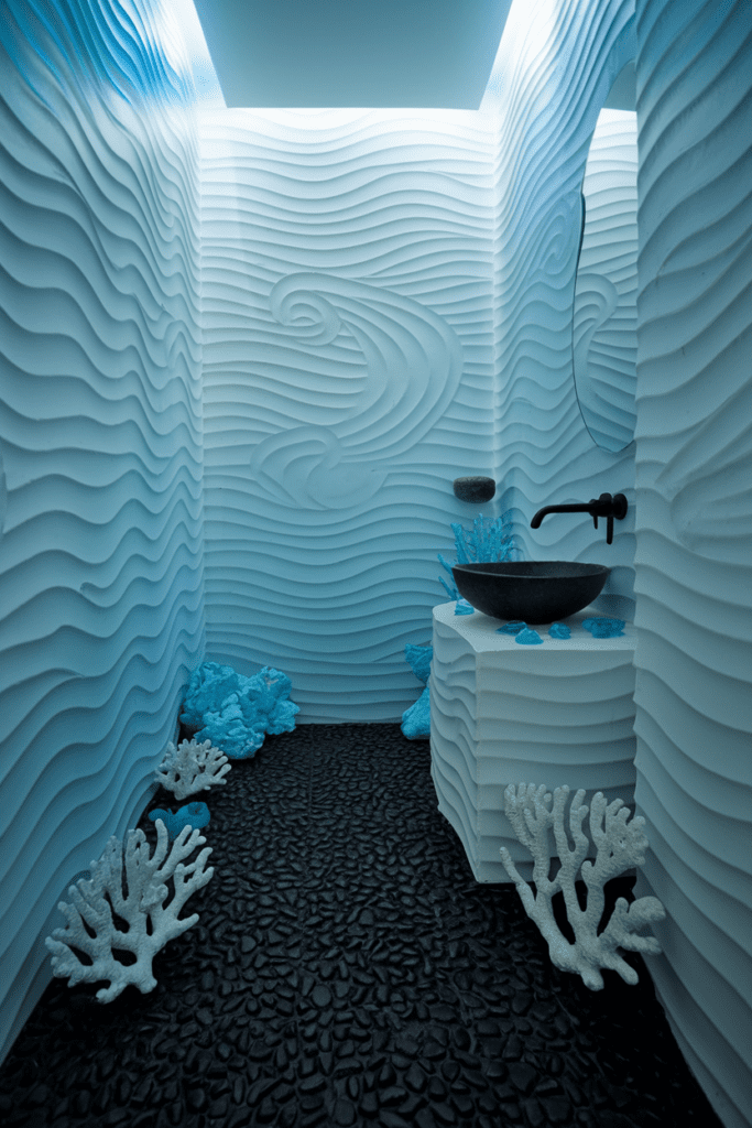 Black Room Ideas: Black Ocean-Themed Bathroom with Wave Patterns