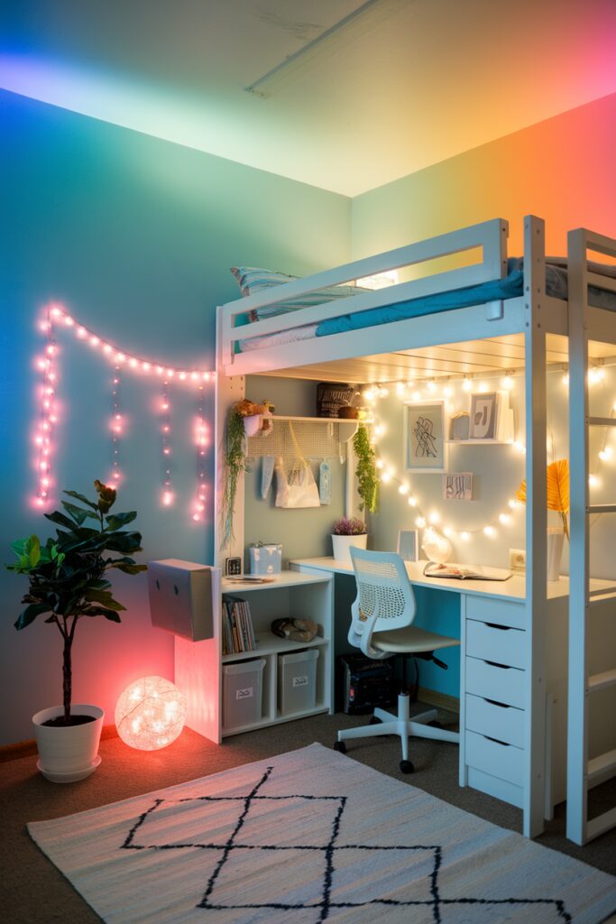 15+ Cute Dorm Room Decor Ideas Tips That Steal Your Heart! 15 Color-Changing Mood Lighting Cute Dorm Room Decor Ideas