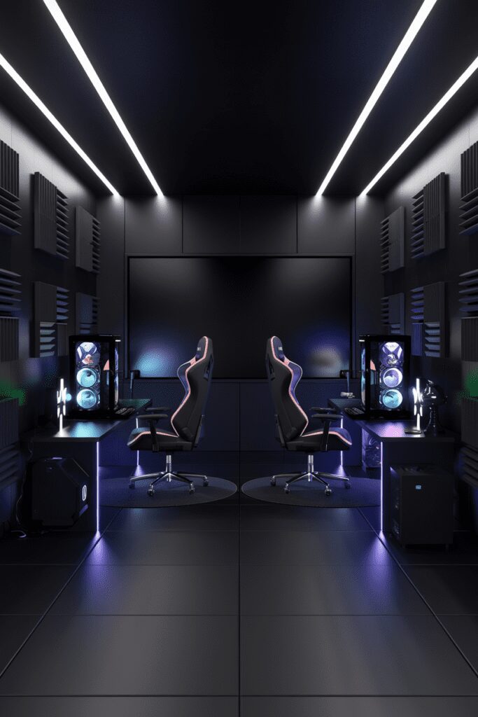 20+ Stunning Black Room Ideas You Need to Try Now! 20 Black Futuristic Gaming Room with LED Black Room Ideas
