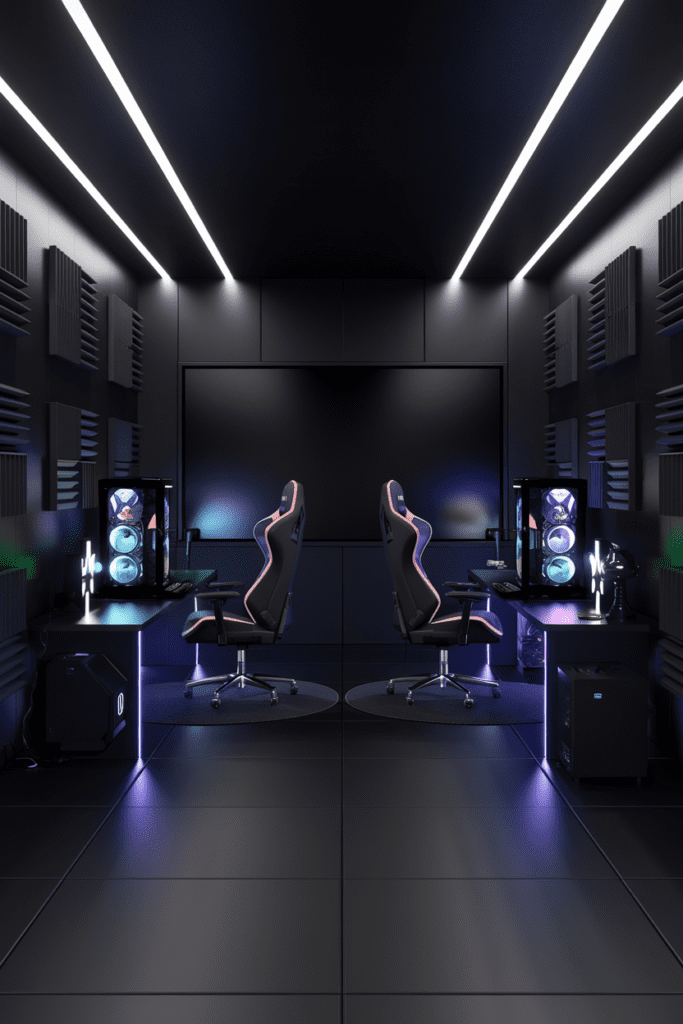 Black Futuristic Gaming Room with LED Black Room Ideas