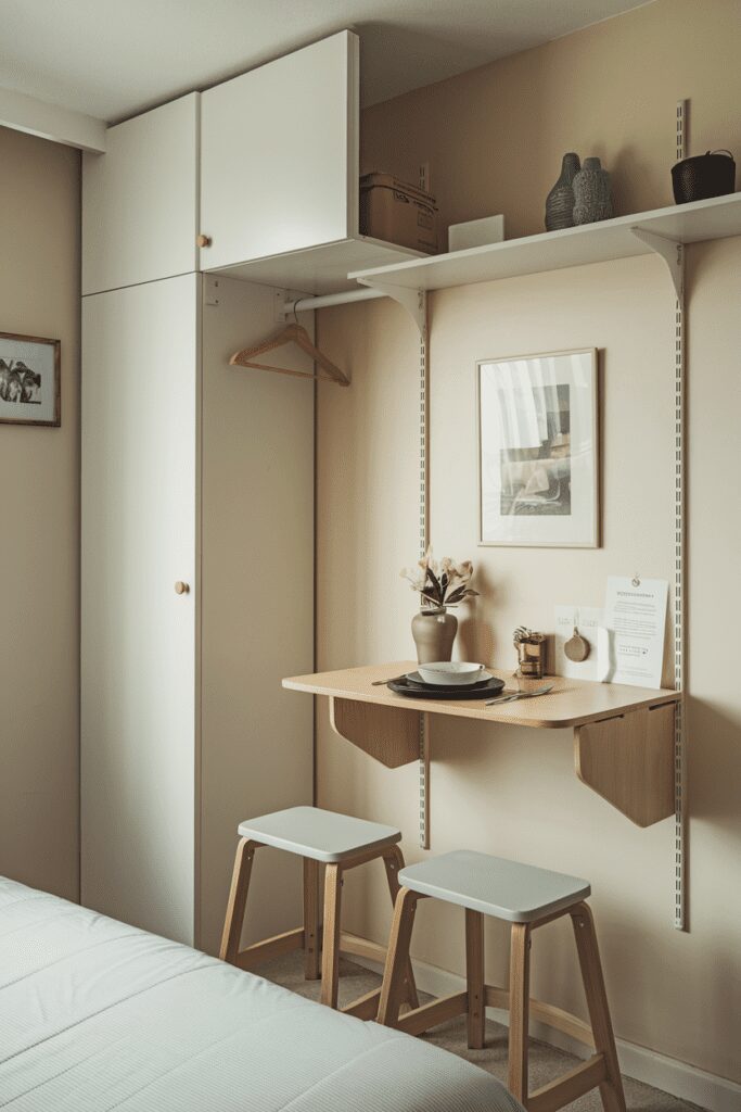 25+ Tiny Bedroom Ideas - Hacks to Maximize Your Space! 24 Tiny Bedroom Ideas: Wall-Mounted Foldable Dining Table