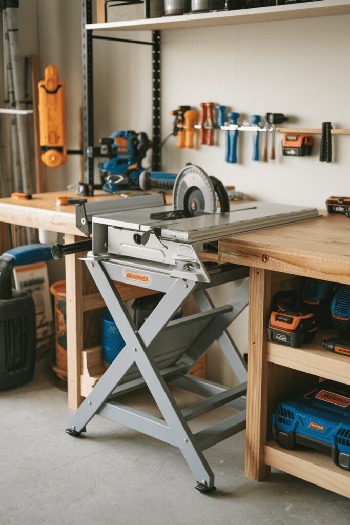 30+ Garage Workshop Layouts Ideas That Will Blow Your Mind! 30 The Compact Folding Workbench and Table Saw Combo Garage Workshop Layouts Ideas