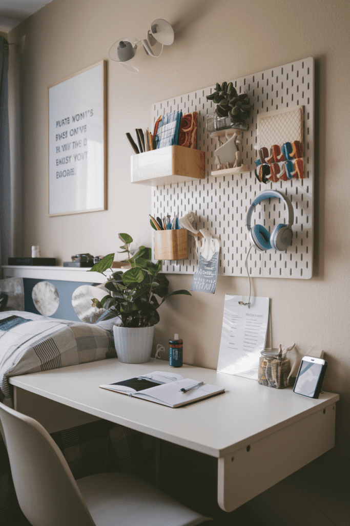 Cute Dorm Room Ideas: Floating Desk with Pegboard Organization