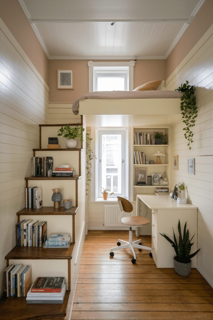 25+ Tiny Bedroom Ideas - Hacks to Maximize Your Space! 22 Tiny Bedroom Ideas: Staircase Bookshelf Leading to a Loft Bed