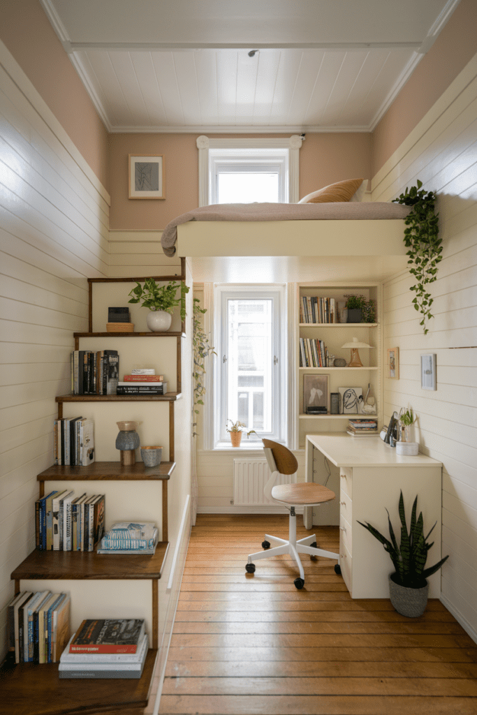 Tiny Bedroom Ideas: Staircase Bookshelf Leading to a Loft Bed