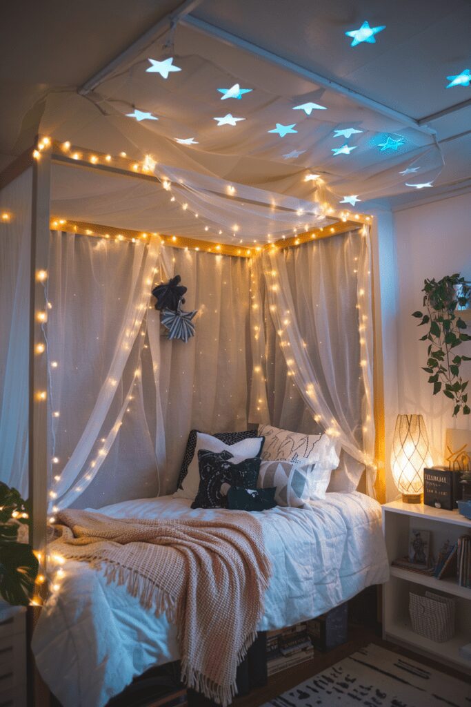 15+ Cute Dorm Room Decor Ideas Tips That Steal Your Heart! 11 Cute Dorm Room Ideas: DIY Starry Night Canopy Bed