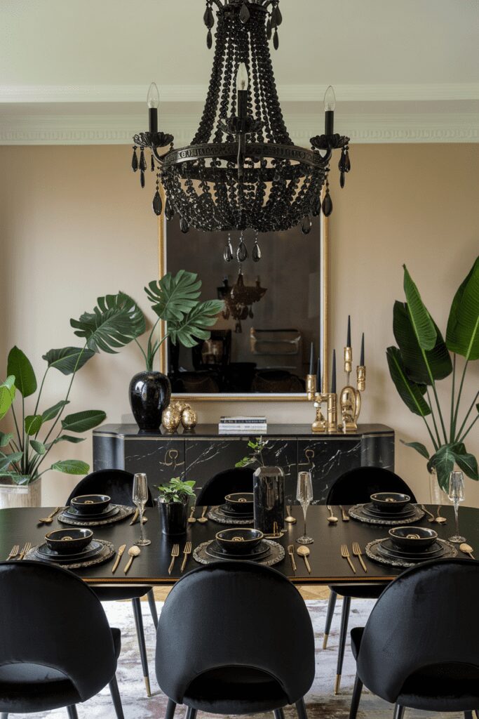20+ Stunning Black Room Ideas You Need to Try Now! 16 Black Room Ideas: Black Crystal Chandelier Dining Room