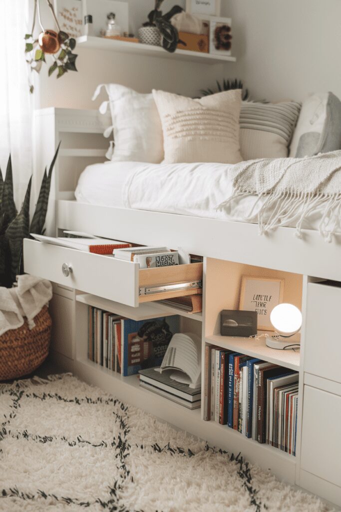15+ Cute Dorm Room Decor Ideas Tips That Steal Your Heart! 9 Cute Dorm Room Ideas: Under-Bed Mini Library