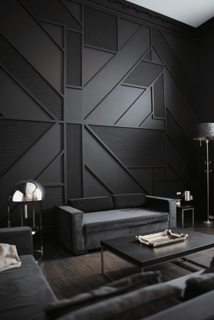 Black Geometric Accent Wall with 3D Effects Black Room Ideas