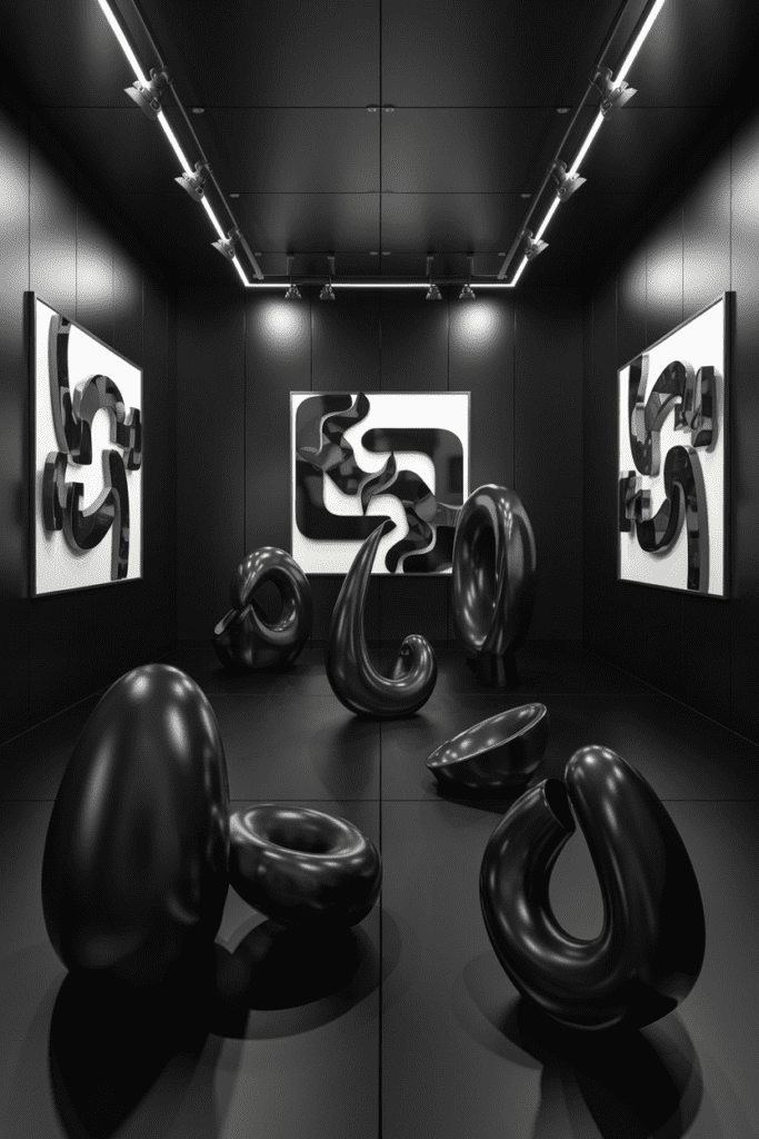 Black Room Ideas: Black Metal Sculpture Gallery Room