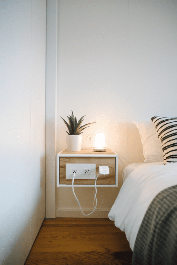 Tiny Bedroom Ideas: Floating Nightstands with Hidden Charging Stations