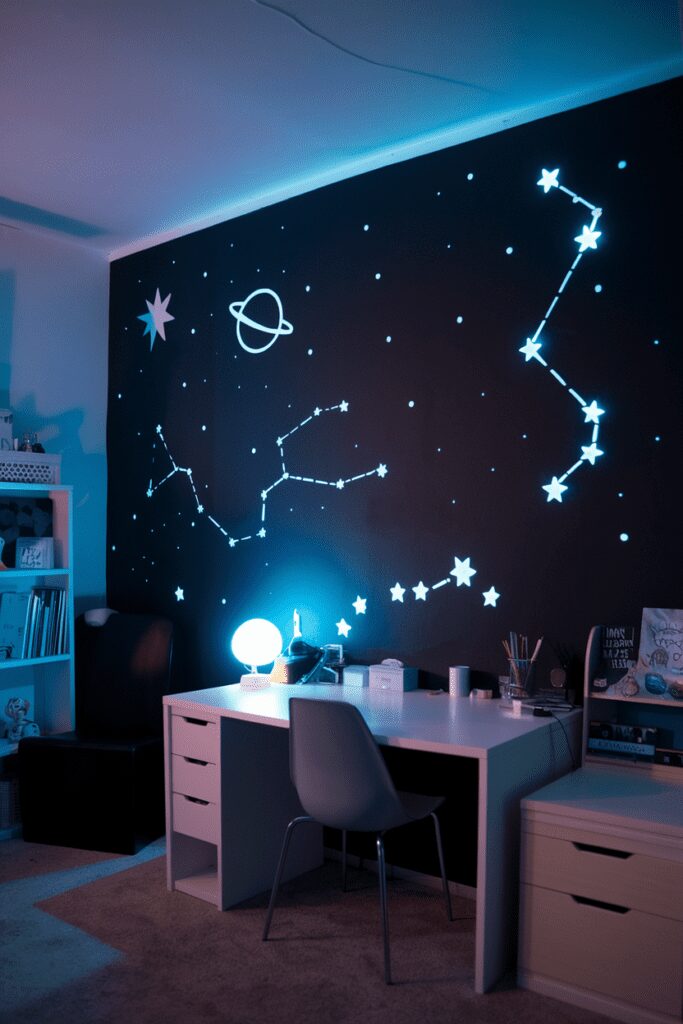 15+ Cute Dorm Room Decor Ideas Tips That Steal Your Heart! 6 Cute Dorm Room Ideas: Glow-in-the-Dark Galaxy Wall