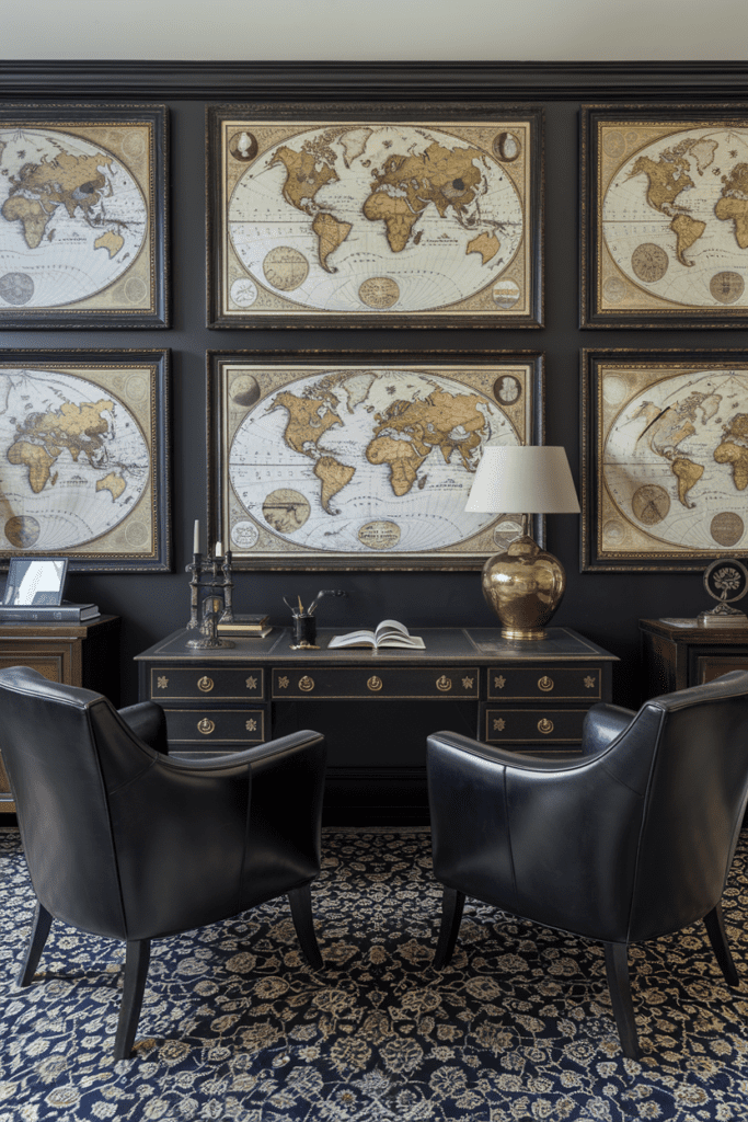 Black Room Ideas: Black Leather Study with Vintage Maps