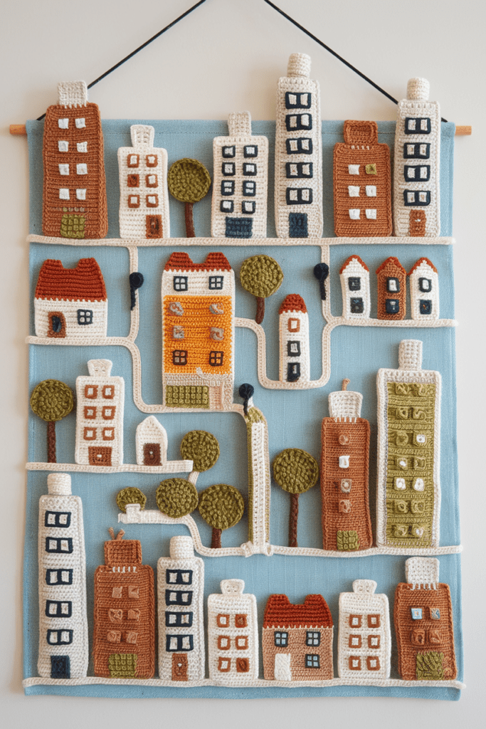 Cool Crochet Ideas: Crochet Miniature Cityscape Wall Art