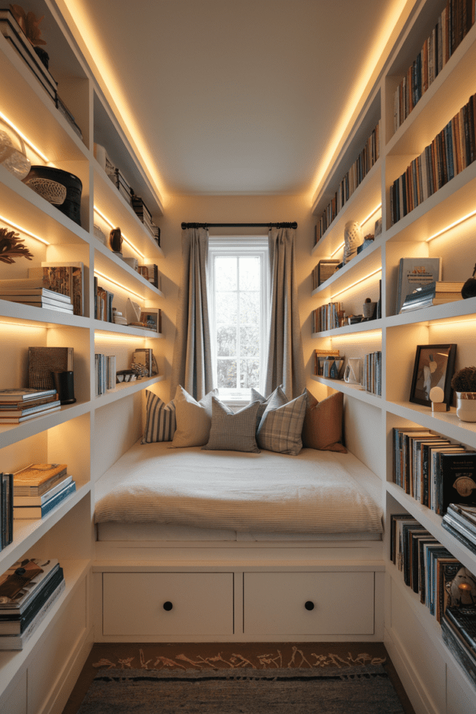 Built-In Bed with Surrounding Shelves Tiny Bedroom Ideas