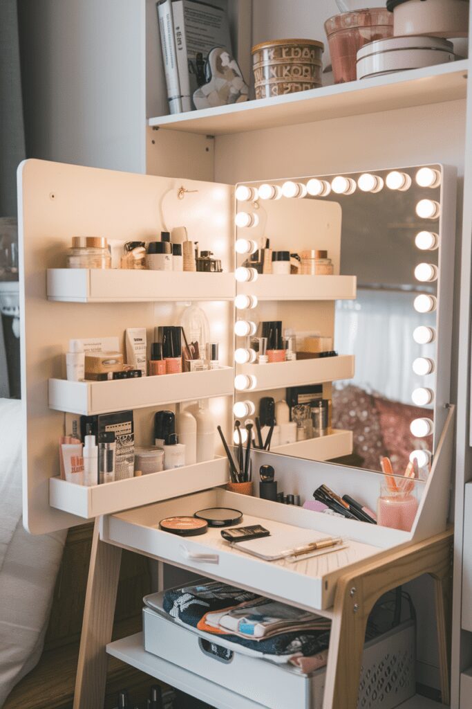 15+ Cute Dorm Room Decor Ideas Tips That Steal Your Heart! 4 Cute Dorm Room Ideas: Vanity Mirror with Hidden Storage