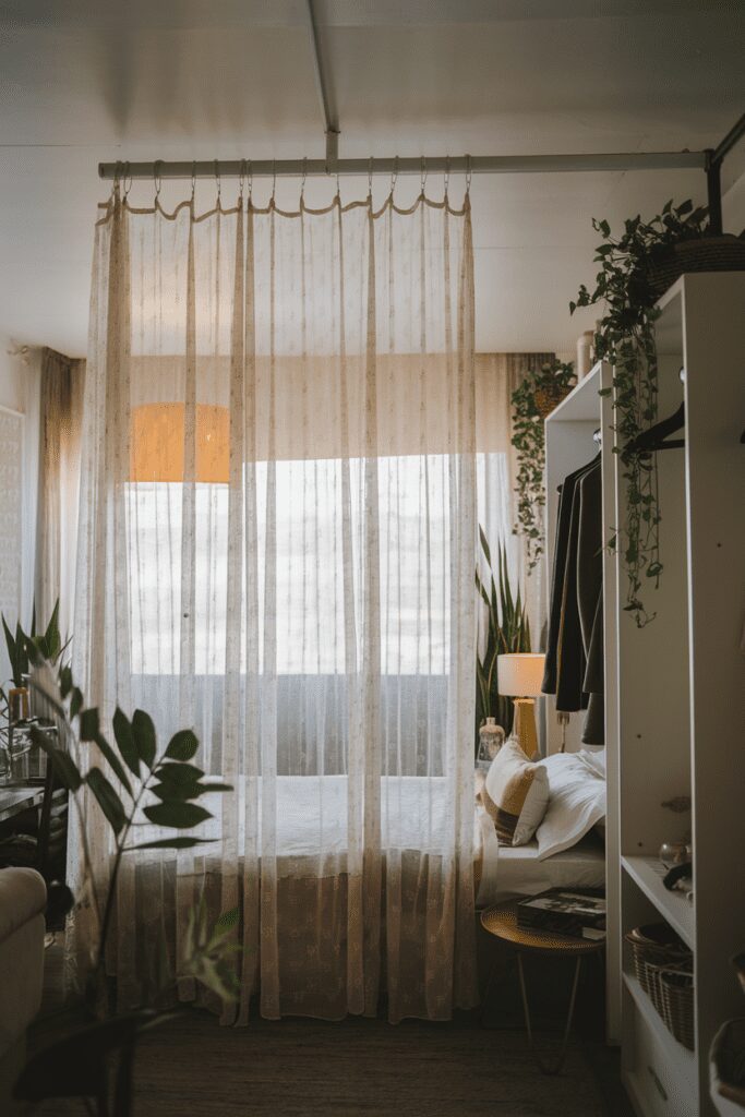 25+ Tiny Bedroom Ideas - Hacks to Maximize Your Space! 14 Tiny Bedroom Ideas: Ceiling-Mounted Curtain Room Divider