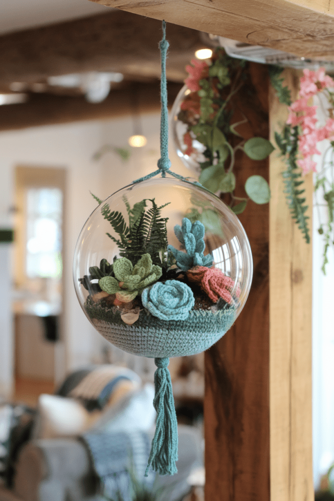 Cool Crochet Ideas: Crochet Hanging Terrarium with Faux Plants