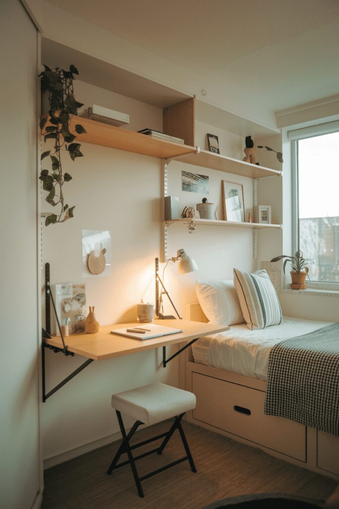 25+ Tiny Bedroom Ideas - Hacks to Maximize Your Space! 13 Tiny Bedroom Ideas: Wall-Mounted Foldable Desk and Bed Combo