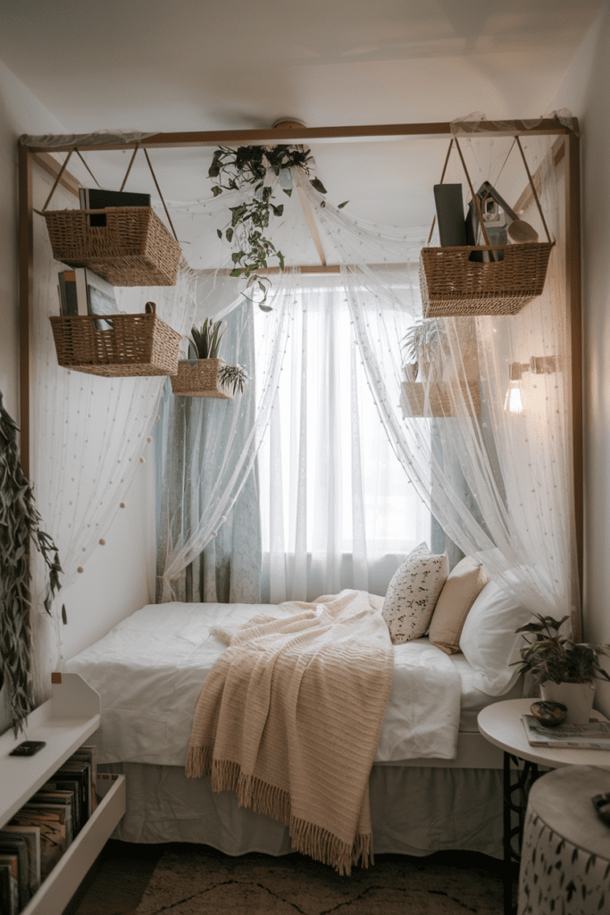 Tiny Bedroom Ideas: Bed Canopy with Hidden Storage