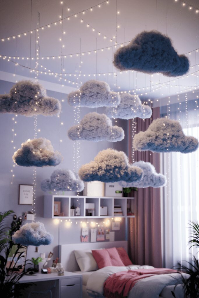 15+ Cute Dorm Room Decor Ideas Tips That Steal Your Heart! 1 Cute Dorm Room Ideas: Floating Cloud Ceiling