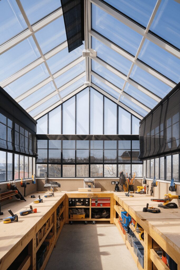 30+ Garage Workshop Layouts Ideas That Will Blow Your Mind! 17 Garage Workshop Layouts Ideas: The Glass-Ceiling Natural Light Workshop