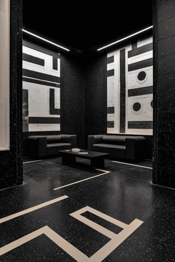 20+ Stunning Black Room Ideas You Need to Try Now! 6 Black Room Ideas: Black Terrazzo Flooring with Bold Patterns