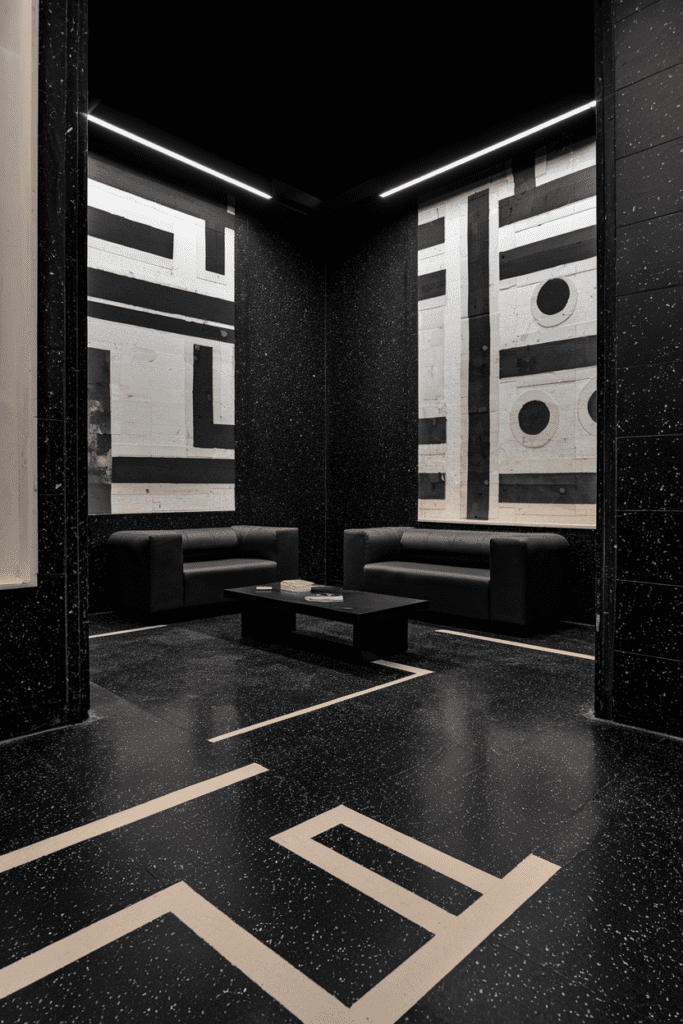 Black Room Ideas: Black Terrazzo Flooring with Bold Patterns