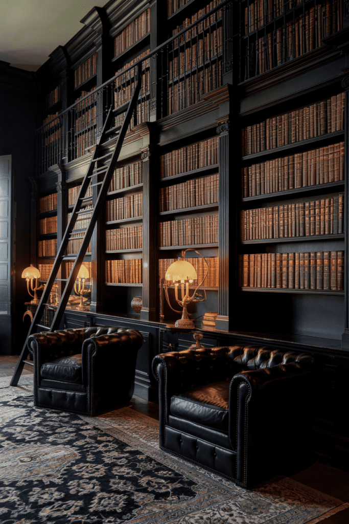 Moody Black Library with Hidden Book Nooks Black Room Ideas