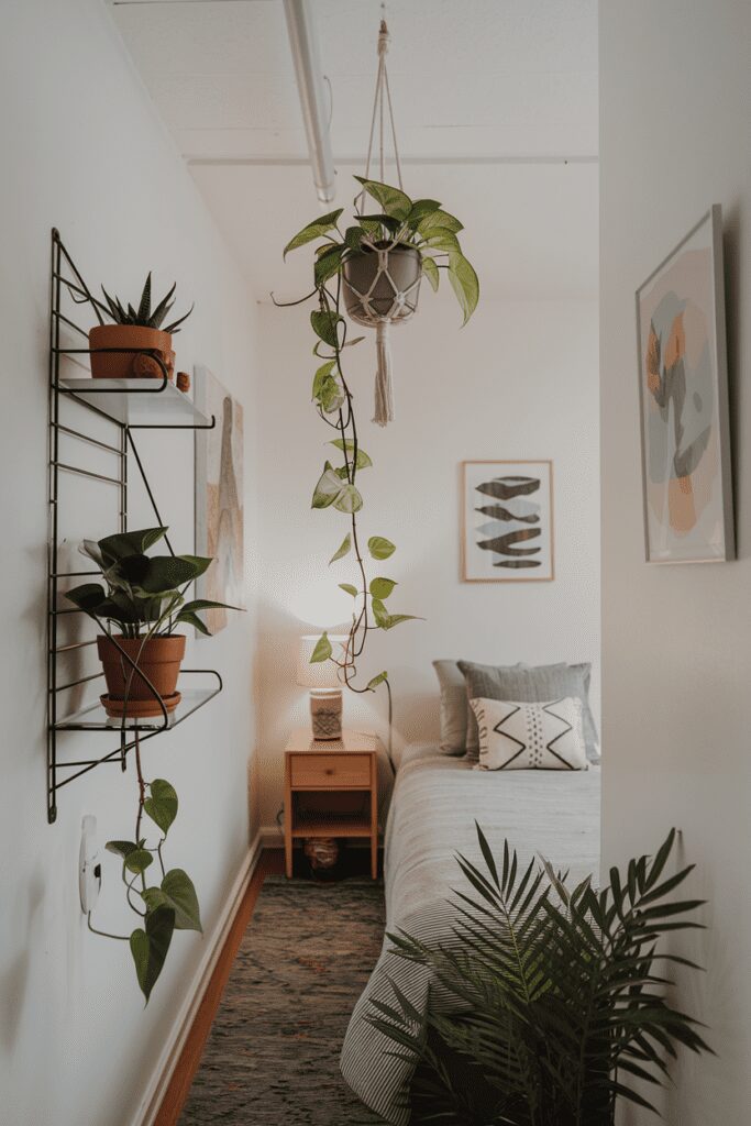 25+ Tiny Bedroom Ideas - Hacks to Maximize Your Space! 9 Tiny Bedroom Ideas: Hanging Plants for Vertical Greenery