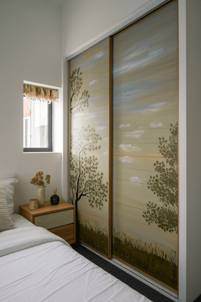 Tiny Bedroom Ideas: Hidden Closet Behind a Sliding Art Panel