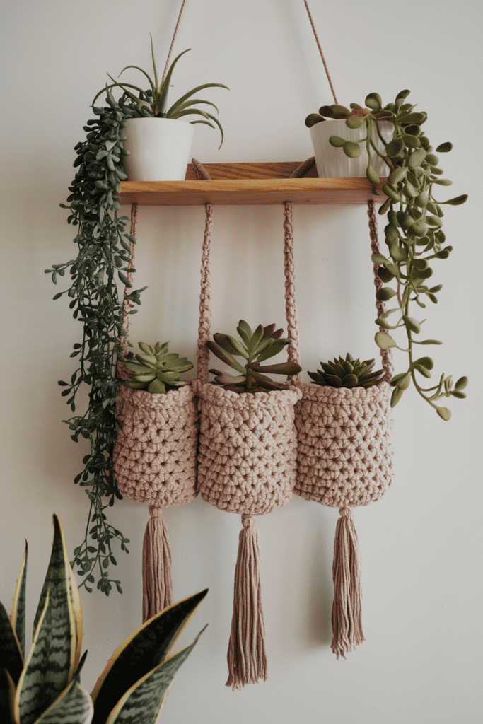 Cool Crochet Ideas: Crochet Hanging Plant Shelf with Pockets