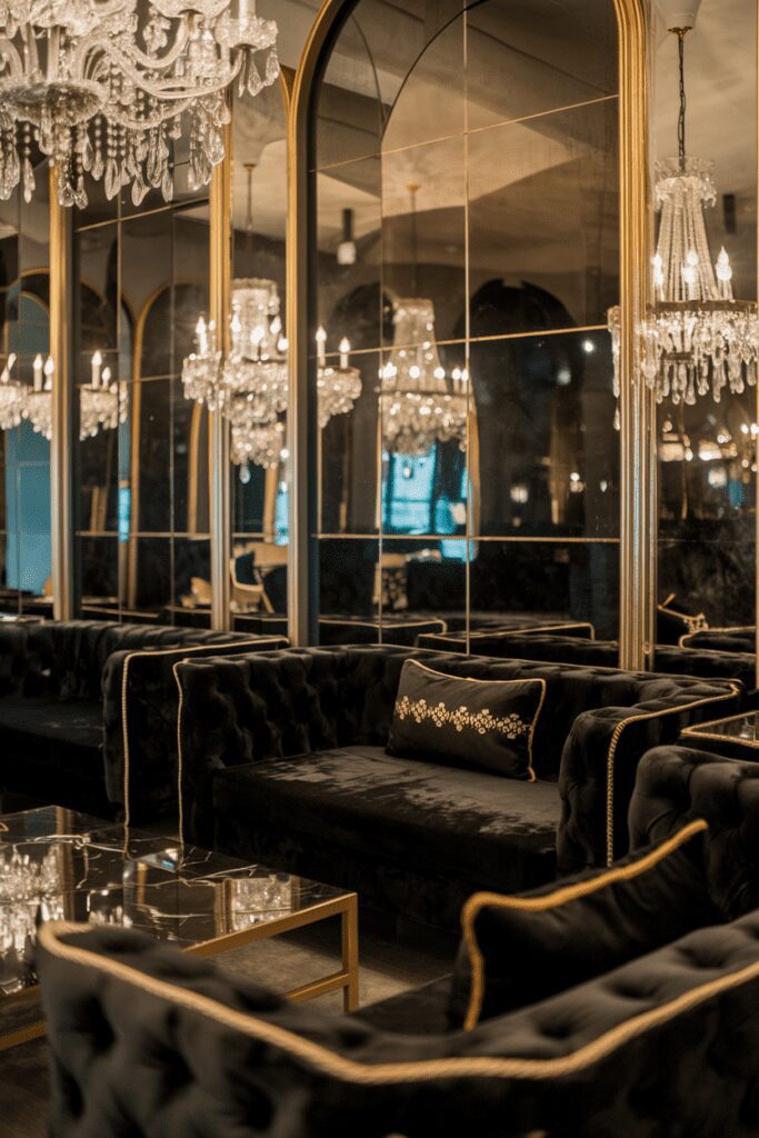 20+ Stunning Black Room Ideas You Need to Try Now! 2 Black Room Ideas: Black Velvet Luxe Lounge with Gold Accents