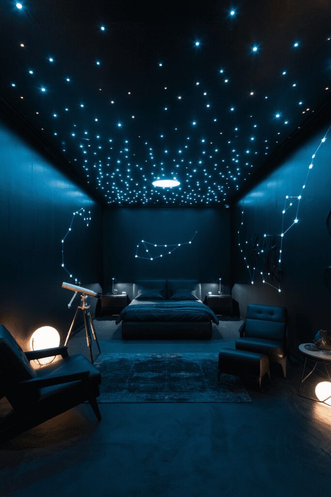 20+ Stunning Black Room Ideas You Need to Try Now! 1 Black Room Ideas: Midnight Galaxy Ceiling with Starry Lights
